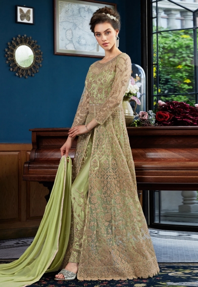 Light green satin embroidered pant style suit  4533A
